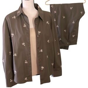 Embroidered Stretch 3 Piece Cotton Shirt, Tee & Ankle Pants Size 14